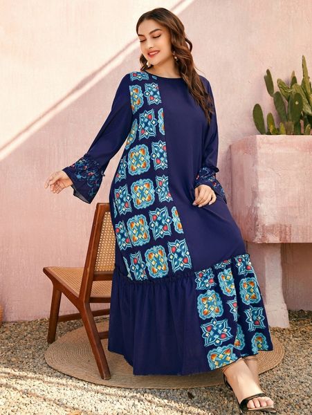 

plus graphic print flounce sleeve ruffle hem smock dress 11uy#, Black