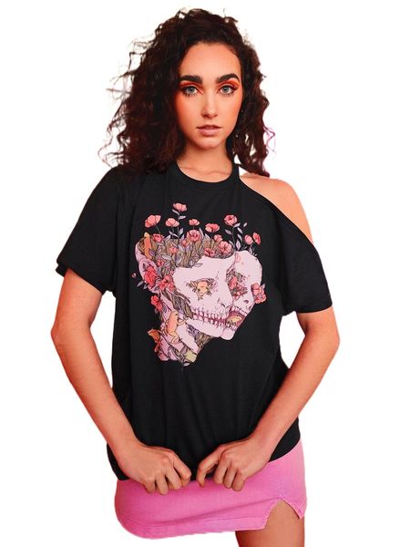 

x ungfio floral & skull print cut out shoulder tee q60t#, White