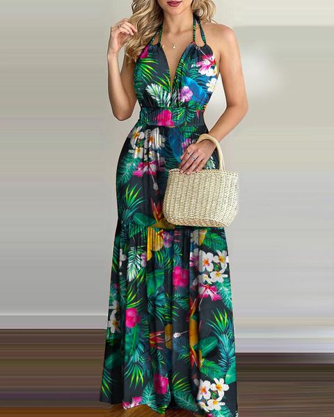 Lässige Kleider für Damen, tropischer Druck, Neckholder, rückenfrei, Maxikleid, Sommer, Frühling, Urlaub, ärmellos, sexy, Boho, Strand, Blumen, lässig