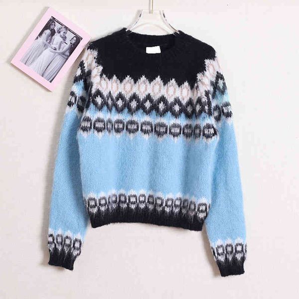 

women's knits tees home c geometric pattern fleece mohair round neck rhombic color matching knitting short high-end sweater women, White