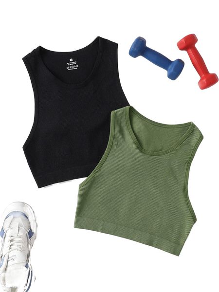 

2pcs seamless solid rib-knit sports tank 16yg#, Gray