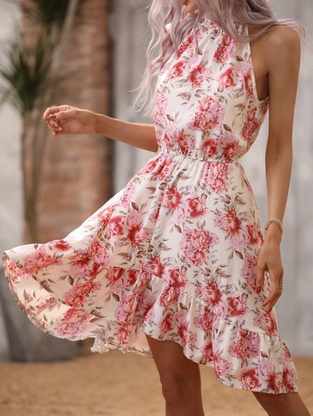 

floral print sleeveless ruffle hem dress 67zx#, Black;gray