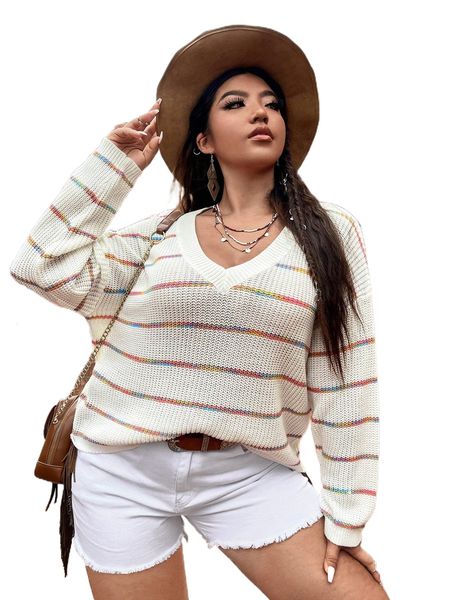 

plus striped pattern drop shoulder sweater t0jv#, Black