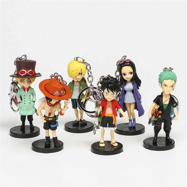 6 Teile/satz One Piece Figuren Schlüsselbund Q Version Luffy Sabo Ace Roronoa Zoro Sanji Nico Robin Bell Schlüssel Kette PVC action-figuren Modell Spielzeug