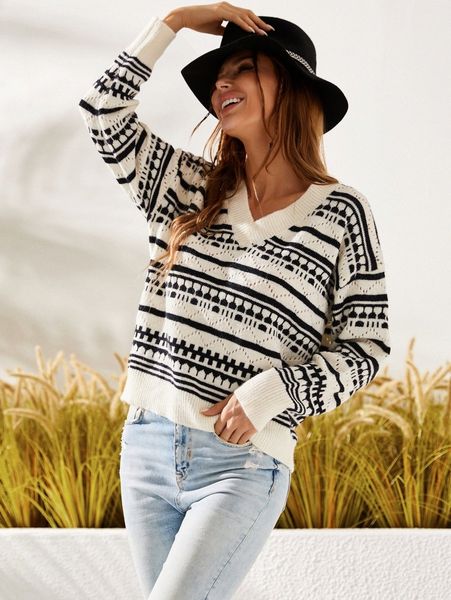 

luukse drop shoulder striped pattern sweater f7lh#, White;black