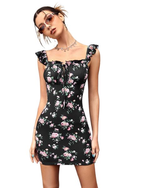 

floral print knot front ruffle trim dress m3q0#, Black;gray