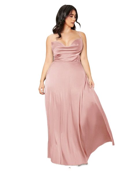 

plus draped lace up backless satin formal dress b2by#, Black