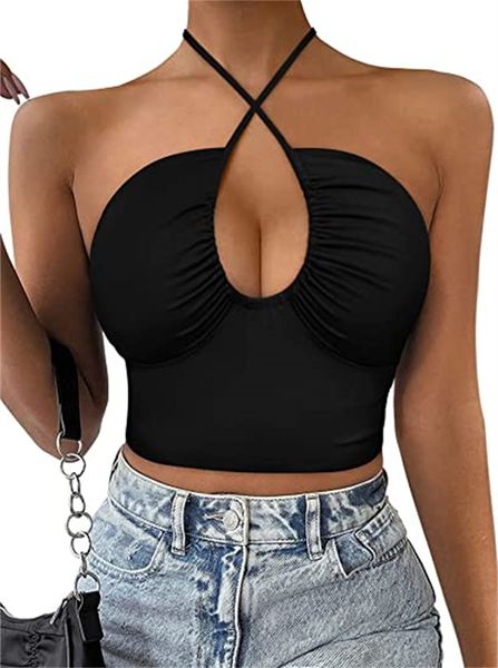 

women's & tees summer cross neck y2k backless vest crop top, White