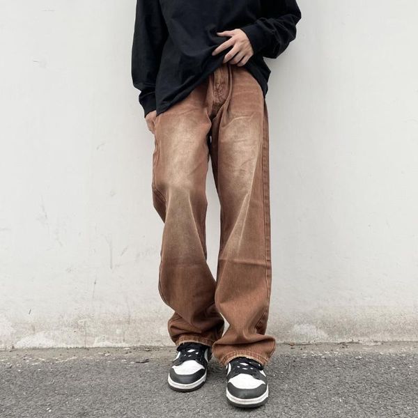 

men's jeans brown baggy men fashion retro casual wide-leg streetwear loose hip hop straight denim pants mens trousersmen's, Blue