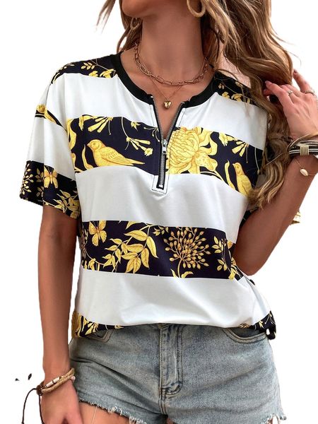 

color-block plants print half zip tee p1vg#, White