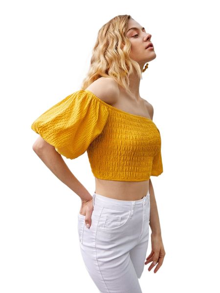 

off shoulder shirred crop blouse 25f8#, White