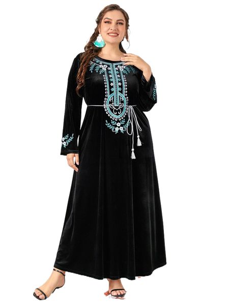 

plus floral print embroidery belted velvet dress s5na#, Black