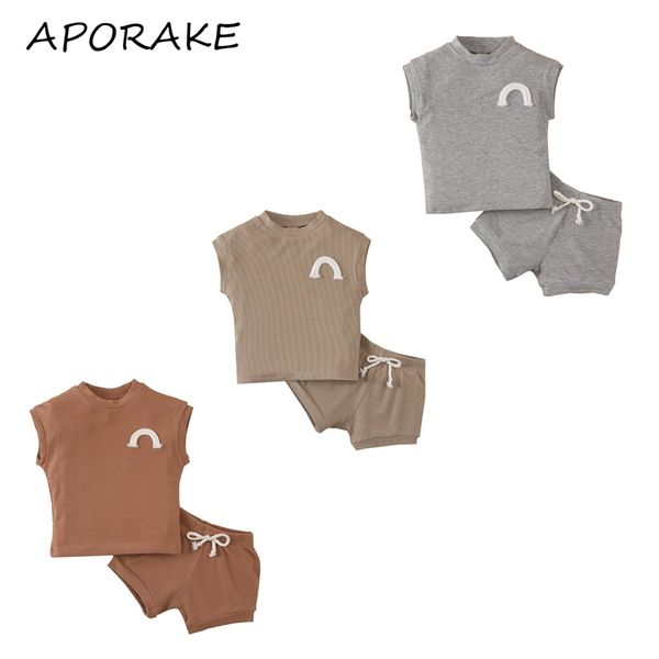 

0 3y casual toddler boy girl clothing rainbow string sleevelesss pullovers solid shorts summer kids outfits 2pcs set 220620, White