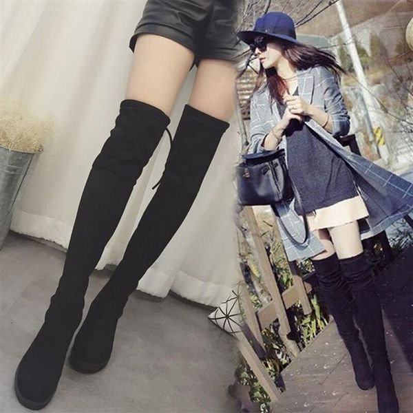 

autumn and winter 2017 new europe and the united states small pepper with round head low heel knee boots stretch boots super thin 2411, Black