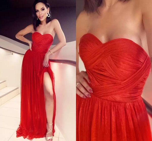

red prom dresses chiffon side slit floor length sleevelesss ruffles sweetheart neckline custom made evening party gowns formal occasion wear, Black