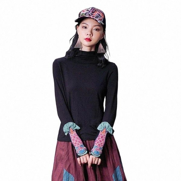 

women's t-shirt embroidery high collar solid national style women chinese bottomed shirt vintage pullover cotton long sleeves slim blo, White