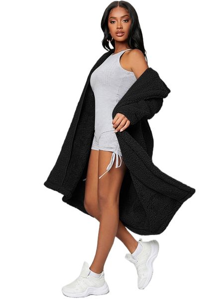

sxy single breasted longline teddy coat t33y#, Black