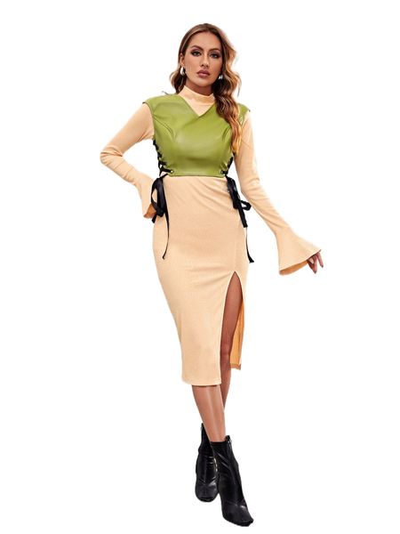 

x susan. k split hem flounce sleeve dress & lace up pu leather vest f4bw#, White