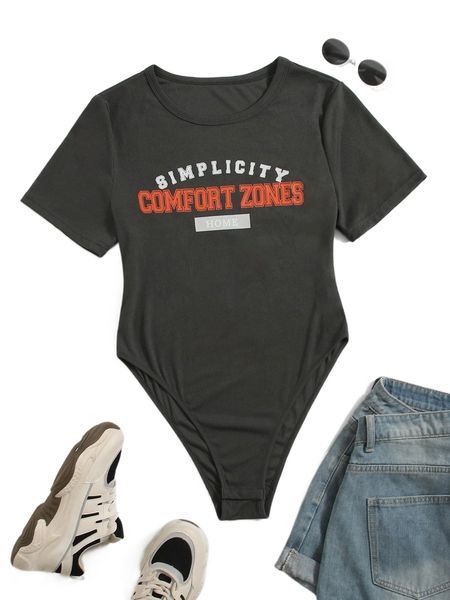 

plus letter graphic ribbed knit bodysuit b1n5#, Black