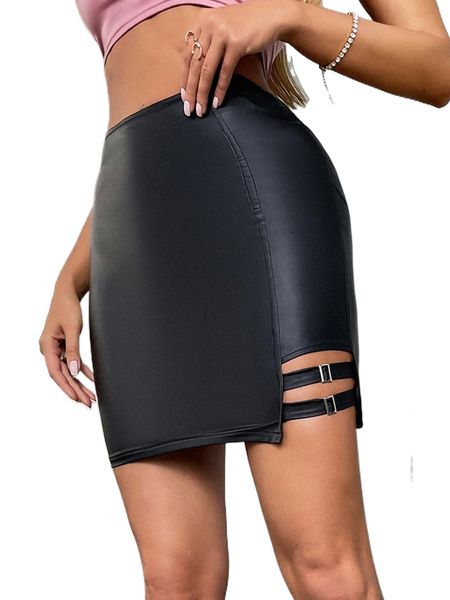 

apperloth a high waist buckle detail cut out pu leather skirt 21s5#, Black