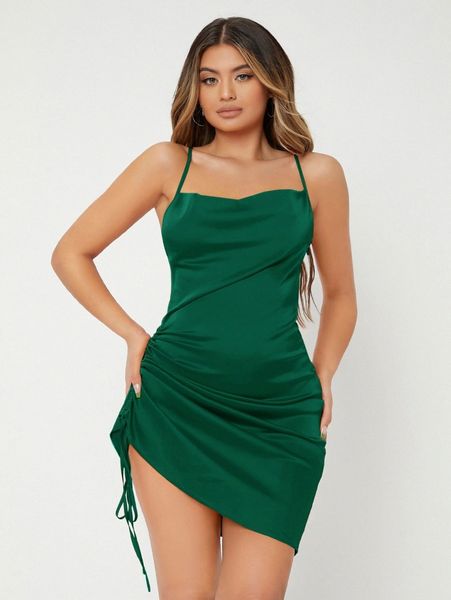 

sxy neon orange drawstring ruched crisscross cami satin dress r3dg#, Black;gray