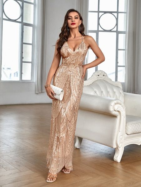 

contrast sequin criss cross backless cami dress h7lk#, Black;gray