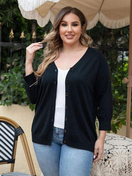 

aamilife plus buttoned front three quarter length sleeve cardigan 36bg#, Black