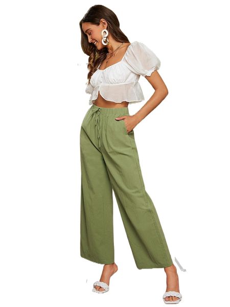 

solid tie front wide leg pants d2xd#, Black;white