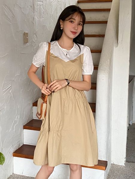 

dazy contrast panel puff sleeve smock dress a8zf#, Black;gray