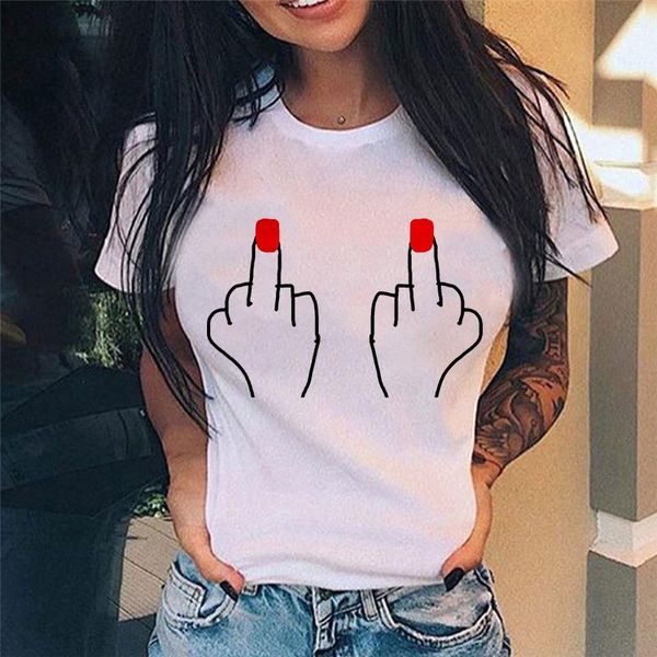 Verão moda middle tee dedo peito gráfico impresso no pescoço redondo camiseta casual mulheres simples mulheres