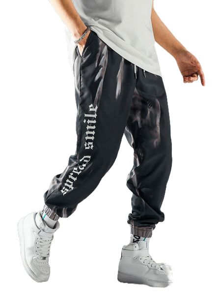 

men letter & cartoon graphic tie dye pants p5gm#, Black