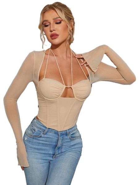 

parthea tie back split cuff ruched mesh i29y#, White