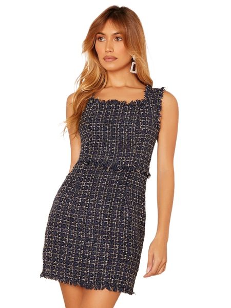 

raw trim tweed dress o922#, Black;gray