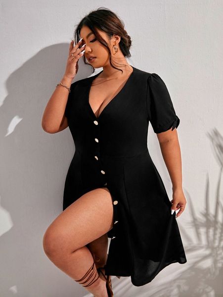 

plus button detail puff sleeve dress i5cg#, Black