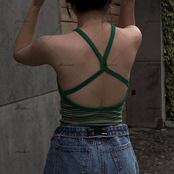 

summer vintage camisole green striped spice tank t shirt slim 220602, White