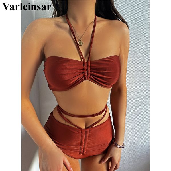 

wrap around lace up halter female swimsuit high waist bikini women swimwear two-pieces bikini set bather bathing suit swim v3364, White;black