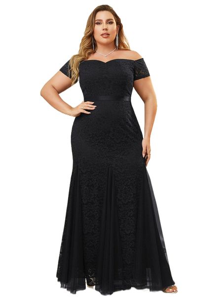 

miusol plus off the shoulder mermaid hem lace dress c9il#, Black