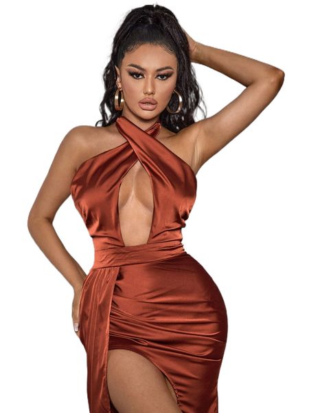 

criss cross backless split thigh satin dress f2yw#, Black;gray