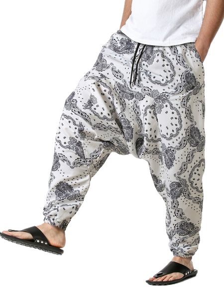 

men paisley print drawstring waist drop crotch pants p1xf#, Black