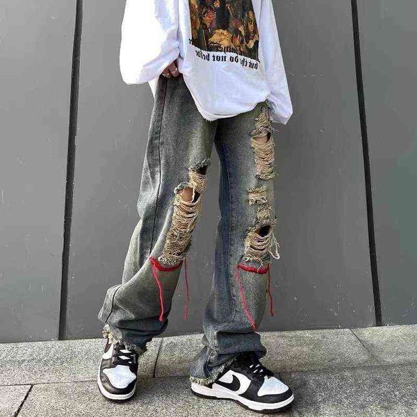

2022 high street ripped men jeans straight casual loose denim pants hip hop retro beggar style male trousers t220726, Blue