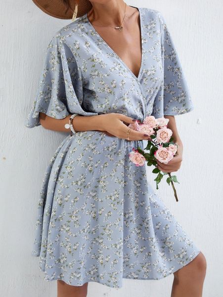 

ditsy floral print butterfly sleeve dress without belt 21nq#, Black;gray