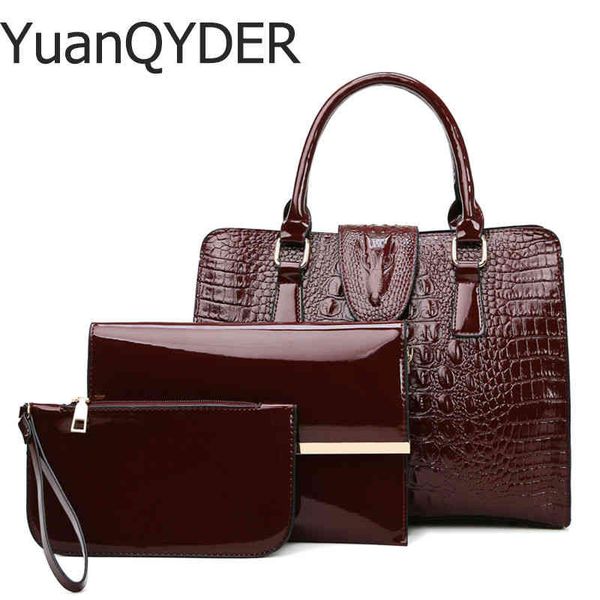 

3 sets fashion patent leather tote luxury handbags crocodile pattern women s designer brand shoulder messenger bag
