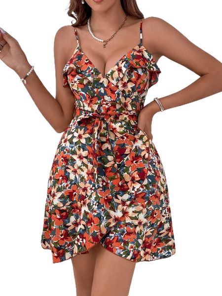 

allover floral print ruffle trim wrap belted cami dress p8c0#, Black;gray