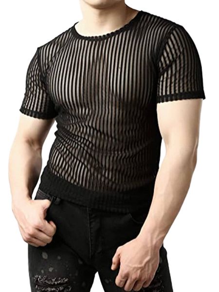 

men striped print sheer round neck tee w3fp#, White;black