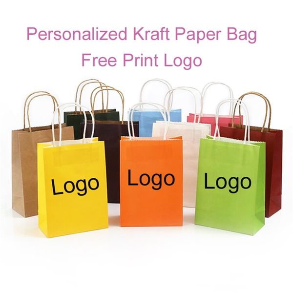 100 peças de peças impressão personalizada kraft paper bolsa reciclável bolsas de presente para embalagens favores de casamento presentes gb04 220704