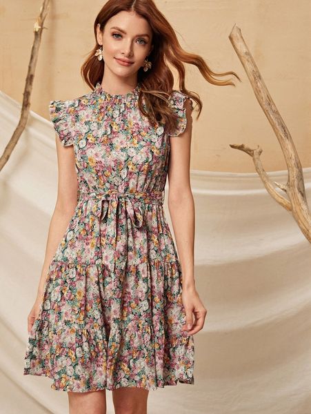 

floral print ruffle hem belted dress t2r0#, Black;gray