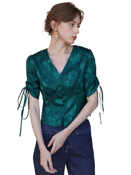 

simple retro floral jacquard drawstring sleeve blouse e1cy#, White