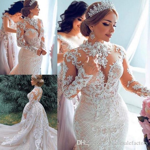 

luxury arabic dubai lace mermaid wedding dresses with detachable train high neck appliuqe long sleeves plus size wedding bridal gowns, White