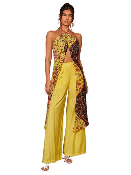 

floral print split hem tie backless halter t8ct#, White