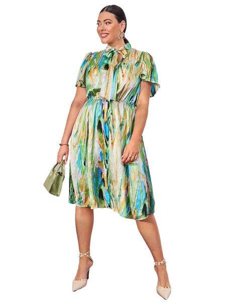 

plus allover print tie neck butterfly sleeve satin shirt dress 324e#, Black